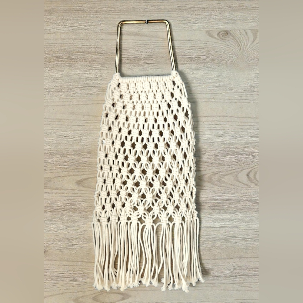 Macrame Fringed Clutch Hand Bag Ivory Metal Handle Boho Hippie Beach Woven Purse - Picture 4 of 8